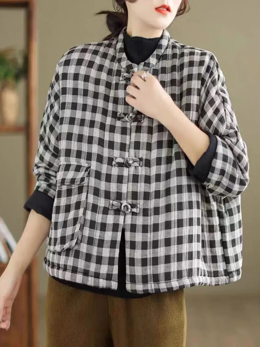 Retro Style Thickened Washed Linen Cotton Padded Coat Short Quilted Jacket Warm Graded Grid Button up Women's Winter Outerwear