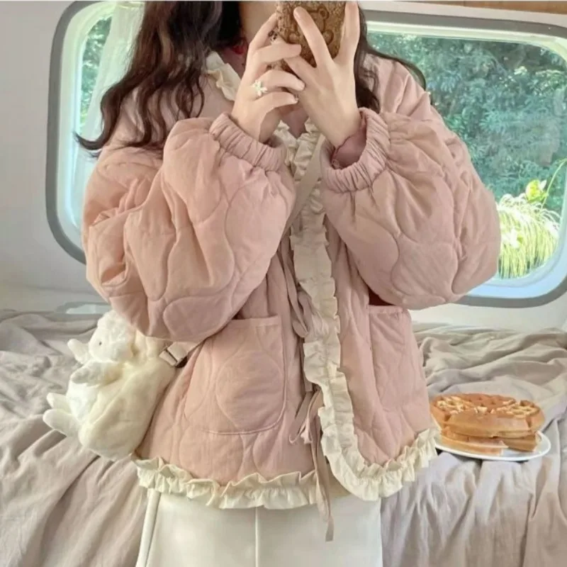 2023 New Women Down Cotton Coat Winter Jacket Female Student Short Parkas Loose Thick Outwear Design Feel Lace Sweet Overcoat