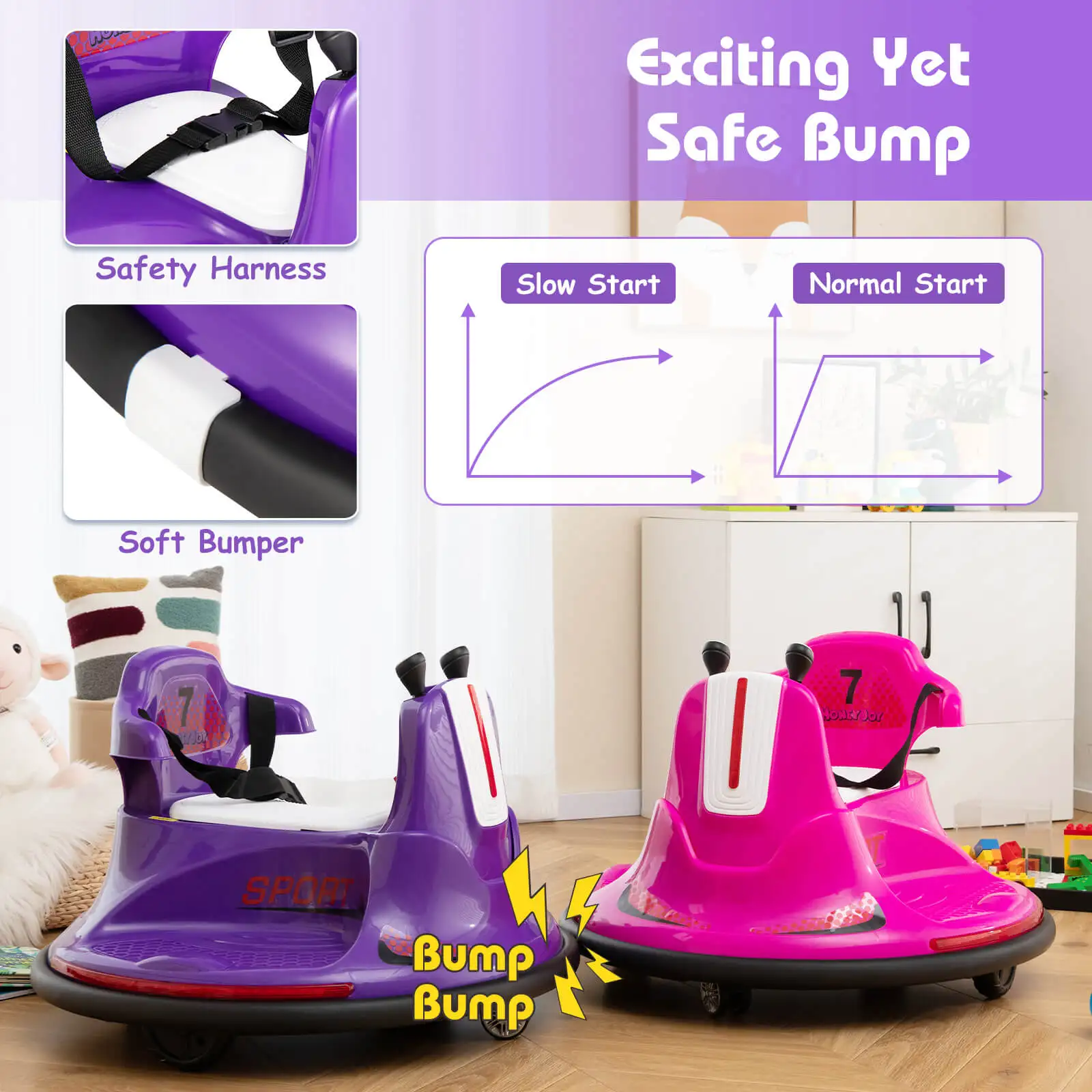 12V Bumper Car for Kids Toddlers Electric Ride On Car Vehicle w/ 360° Spin Purple