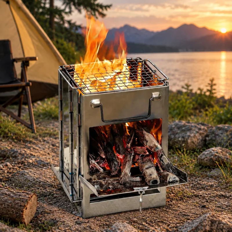 Portable Stainless Steel Wood Stove with Foldable Design, Mini Charcoal Grill for Camping and Outdoor Use, Lightweight and