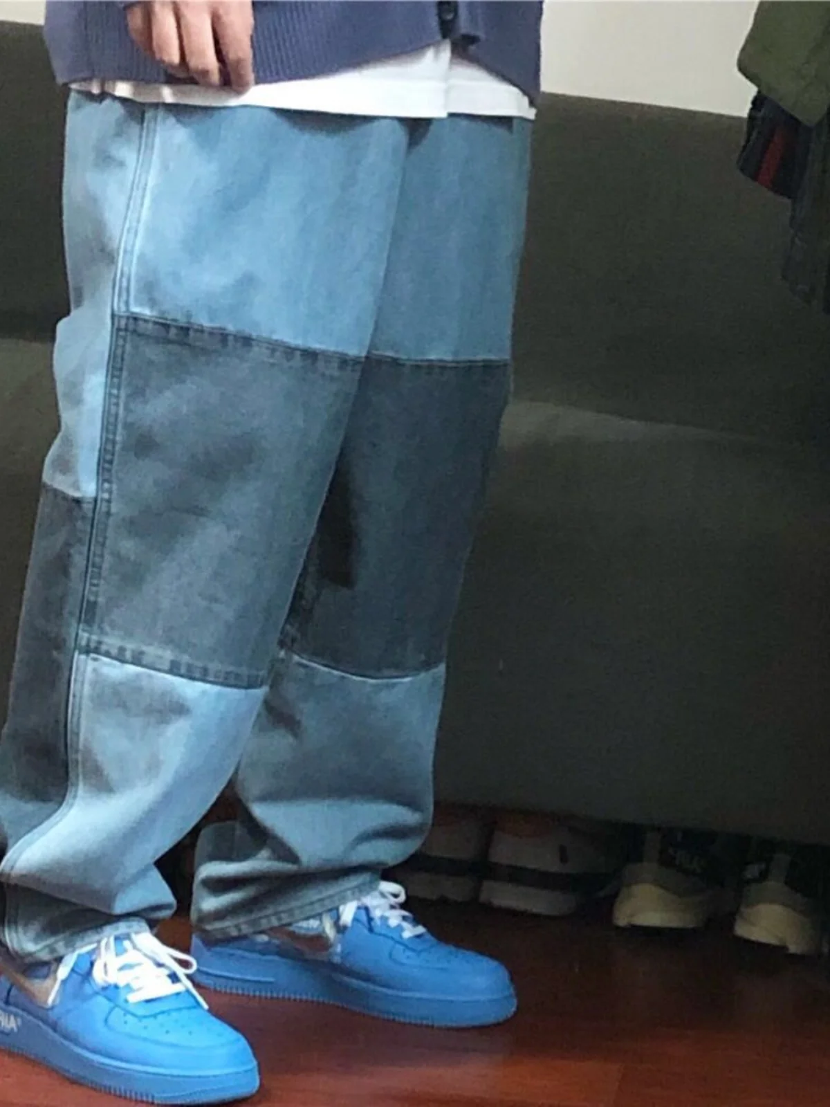 

Джинсы BTTJOB в стиле пэчворк, с диагональным рисунком, двойной швейной линией, модные прямые брюки, повседневный городской стиль для молодых мужчин