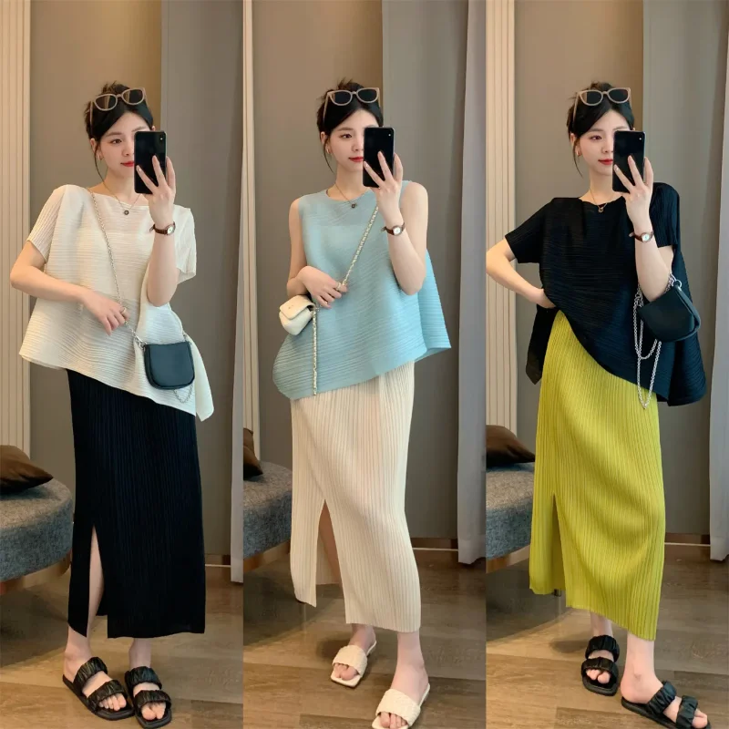 

Slit Pleated Skirt Women's Mid-length Pure Lusty A-line Hip-hugging Long Skirt