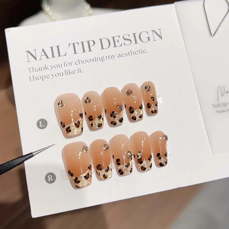 

10pcs Handmade high-end Leopard print and cat eyes flashing fake nails,small diamonds,Hottie Short Square False Nails