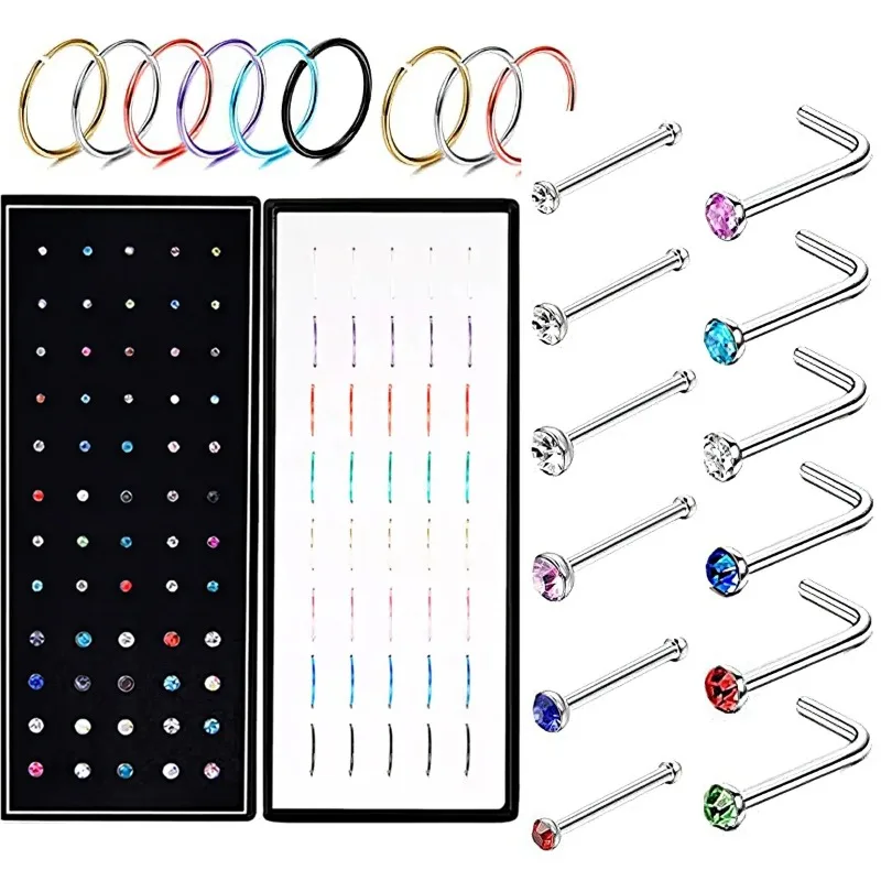 2PCS/Kit Stainless Steel Straight L Hook Nose Stud Piercing Fashion Crystal Nariz Nase Piercing Body Jewelry