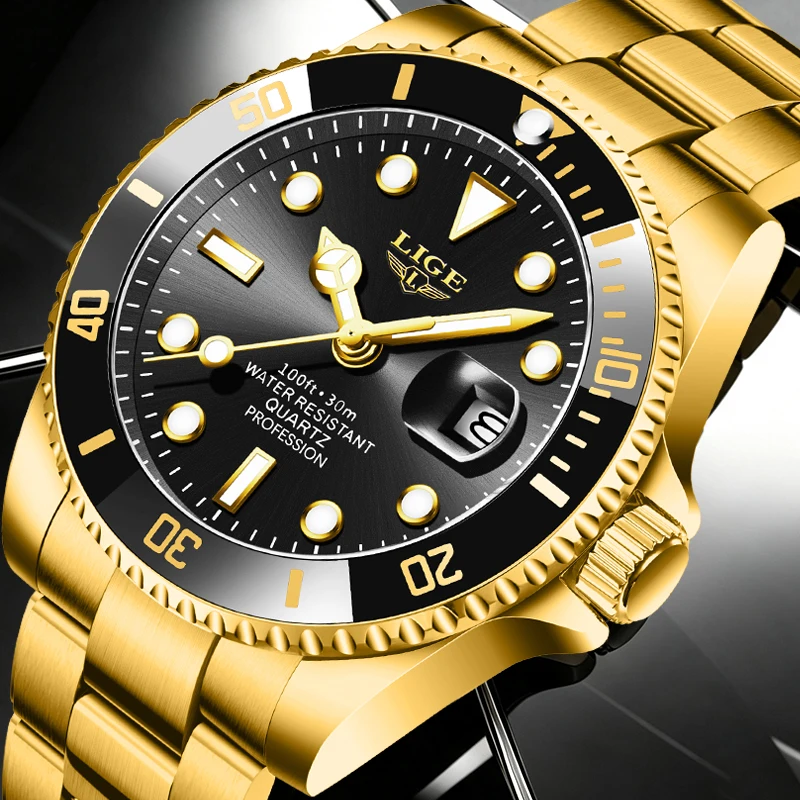 LIGE New Gold Diving Watch Men Luxury Fashion Waterproof Watches for Men Casual Sport Date Quartz Chronograph Relogio Masculino