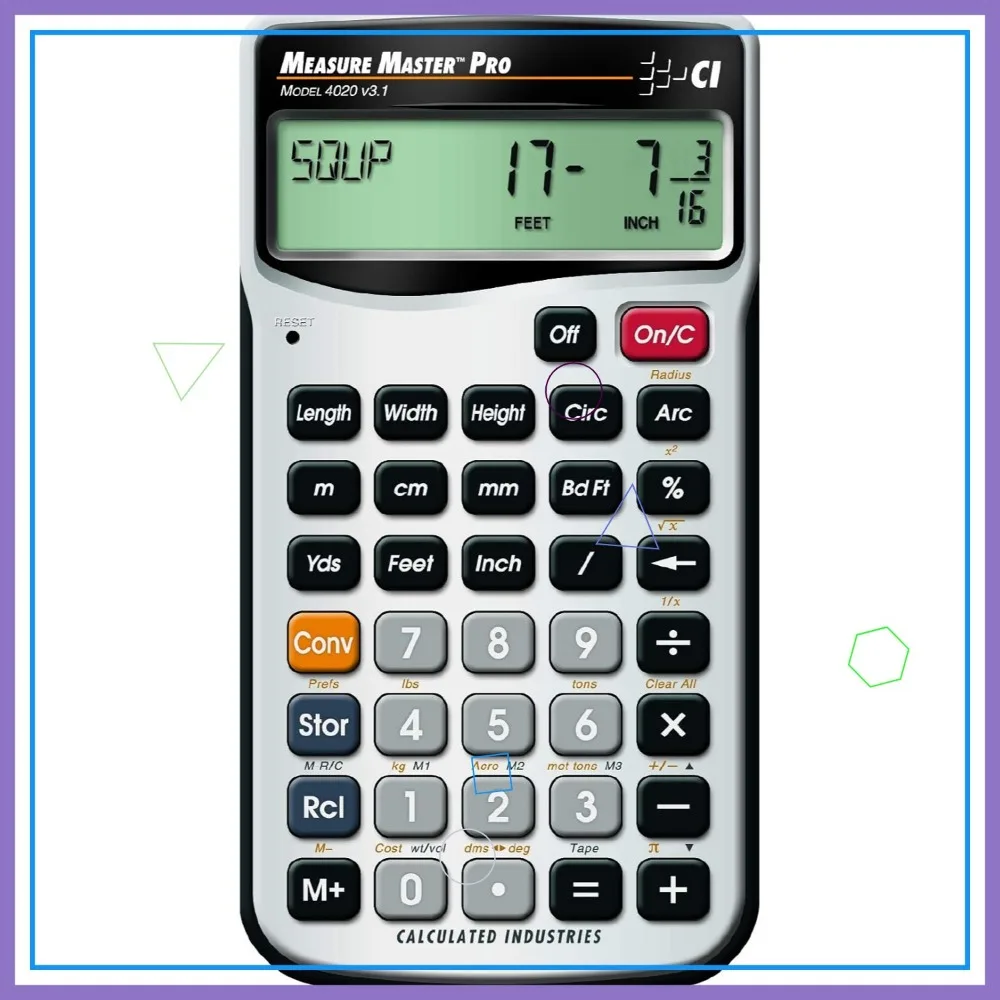 

Professional Construction Calculator with Feet-Inch-Fraction and Metric Conversion for Builders and Contractors