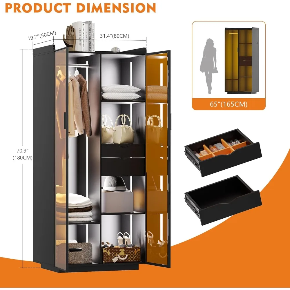 Wardrobe Closet with 3 Colors Light, Hanging Rod, Adjustable Shelves and Drawers, Auto Sensor Closet Wardrobe Cabinet