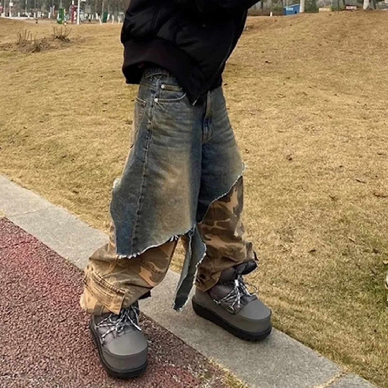 RO Style American High Street Patchwork False Two Tone Camouflage Workwear Pants Men's Straight Leg Multi Pocket Denim Trendy