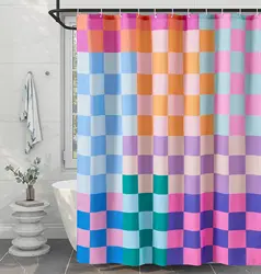 Multicolored Checkered Retro Fabric Shower Curtain for Bathroom Waterproof Modern Groovy Aesthetic Shower Curtain Set with Hooks