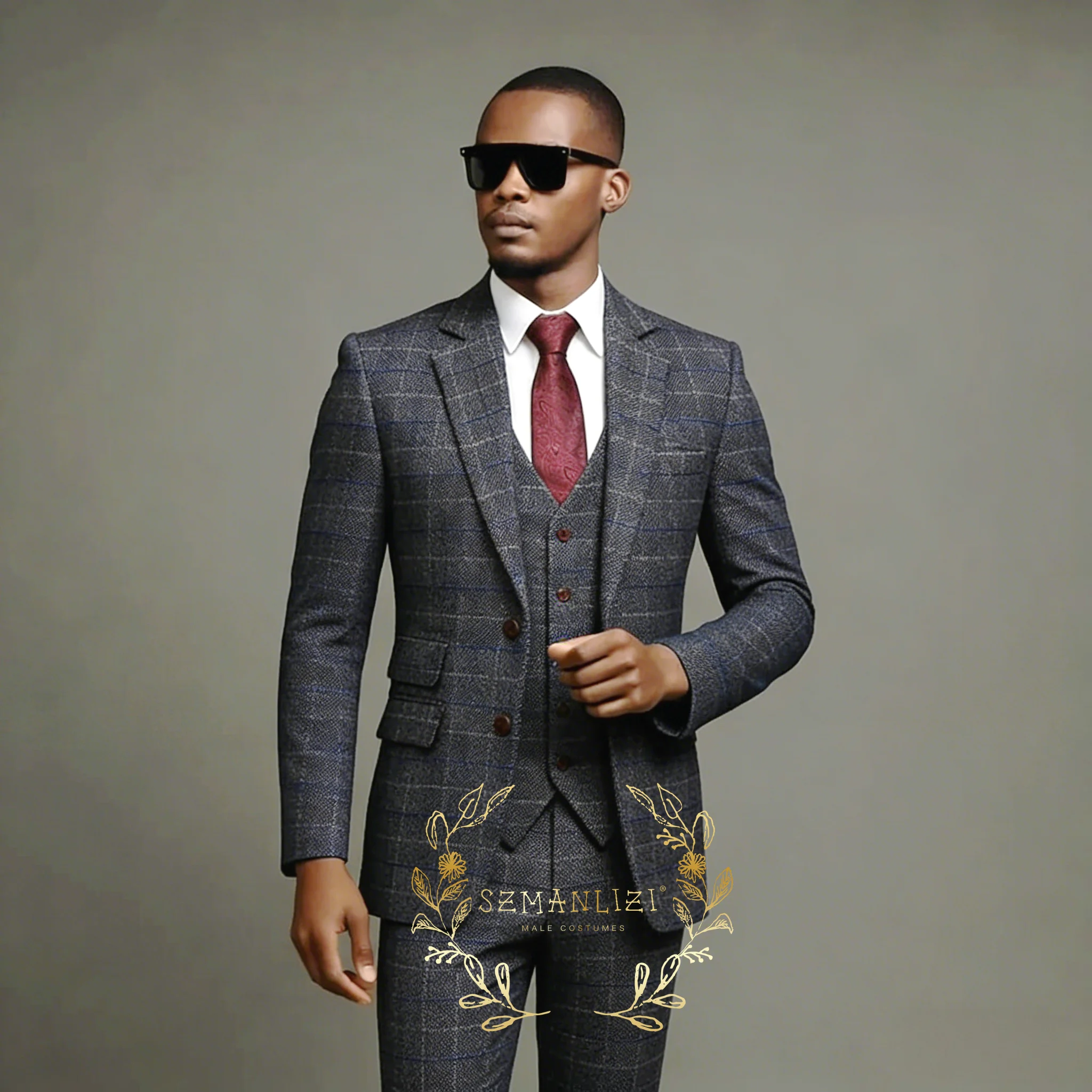 

Handsome Grey Plaid Men Suits Groom Groomsman Wedding Party Formal Business Prom Male Tuxedos 3 Pieces Set Blazer Vest Pants