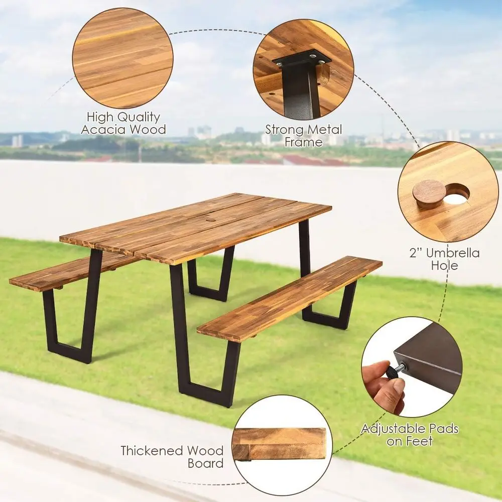 Outdoor 70 Acacia Wood Picnic Table with Benches and Umbrella Hole, Metal Frame Dining Set