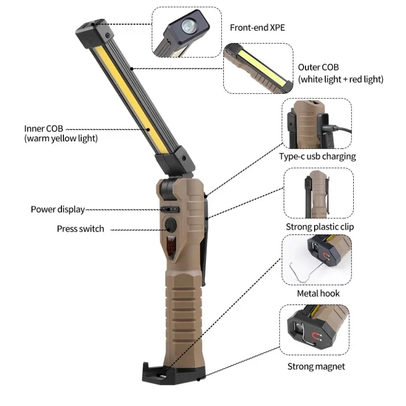 Portátil Fold lanterna LED, COB trabalhando luz, tipo C recarregável, Power Bank Floodlight, lanterna, ao ar livre, Camping, lanterna