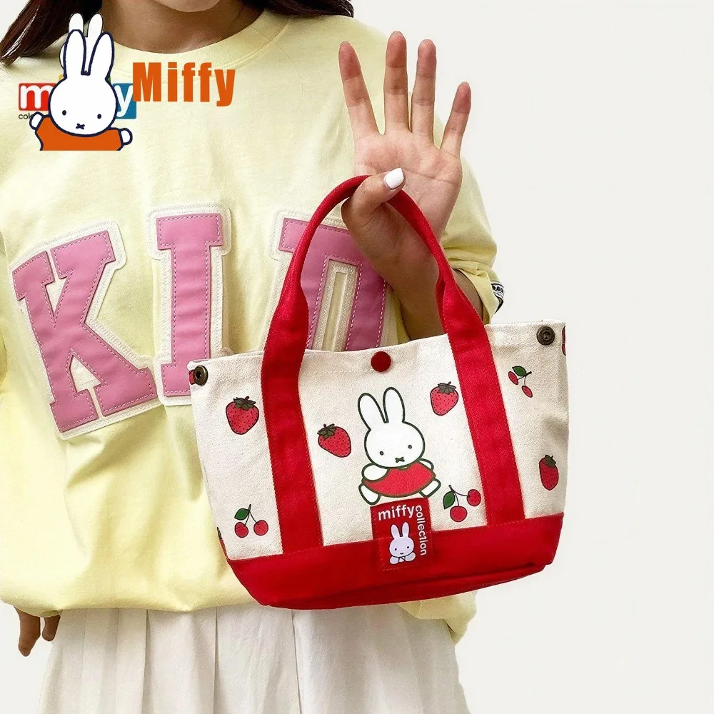 Kawaii Miffy Tote Bag Cute Rabbit Canvas Purse Strawberry Cherry Embroidery Portable Travel Makeup Cosmetic Storage Pouch Gift