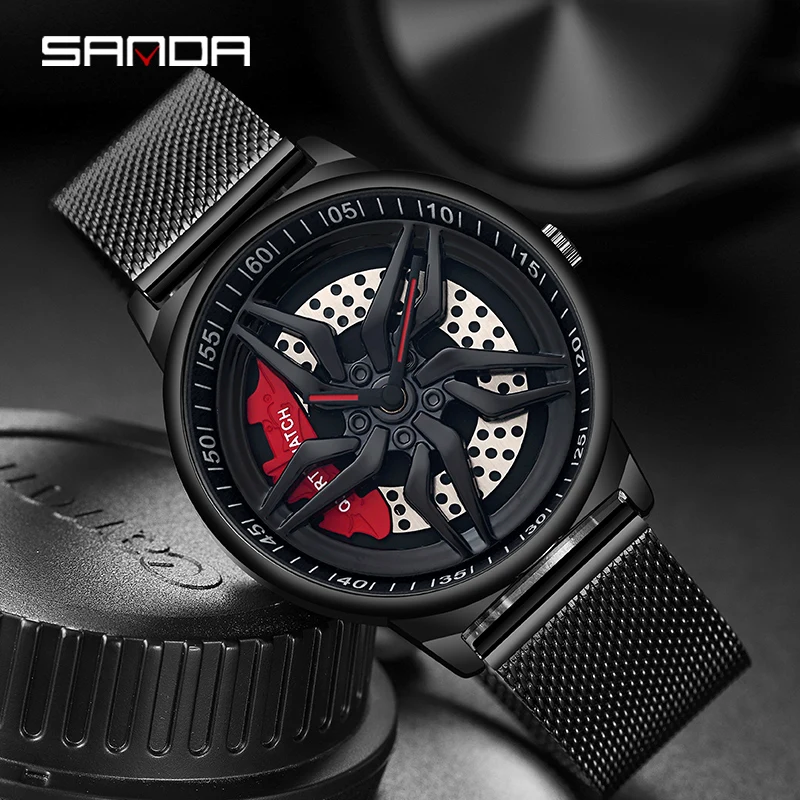 

SANDA 2023 New Luxury Personalized Sports Watch 360° Rotating Dial Men Racing Watches Black Steel Band Quartz Watch Reloj P1062