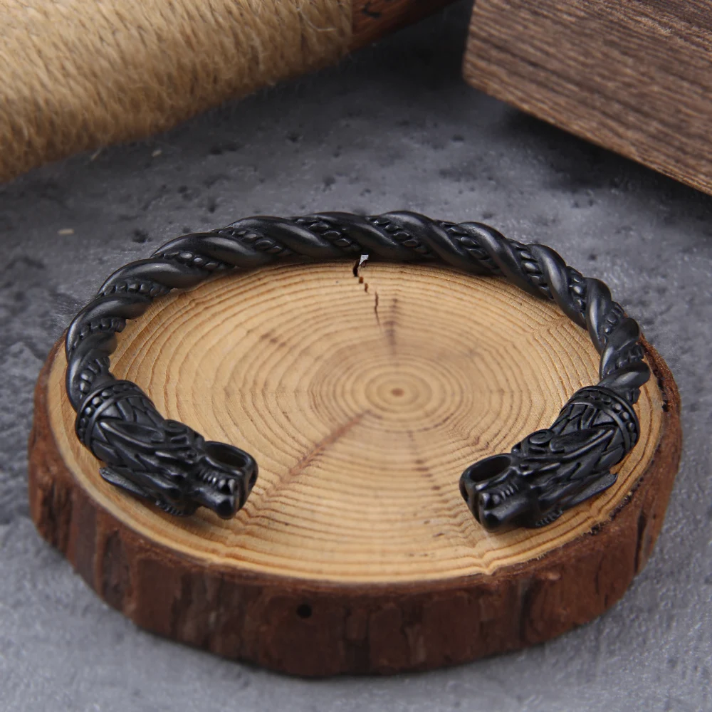 Pulsera de dragón nórdico vikingo nórdico de acero inoxidable negro, pulseras para hombre con caja de madera vikinga