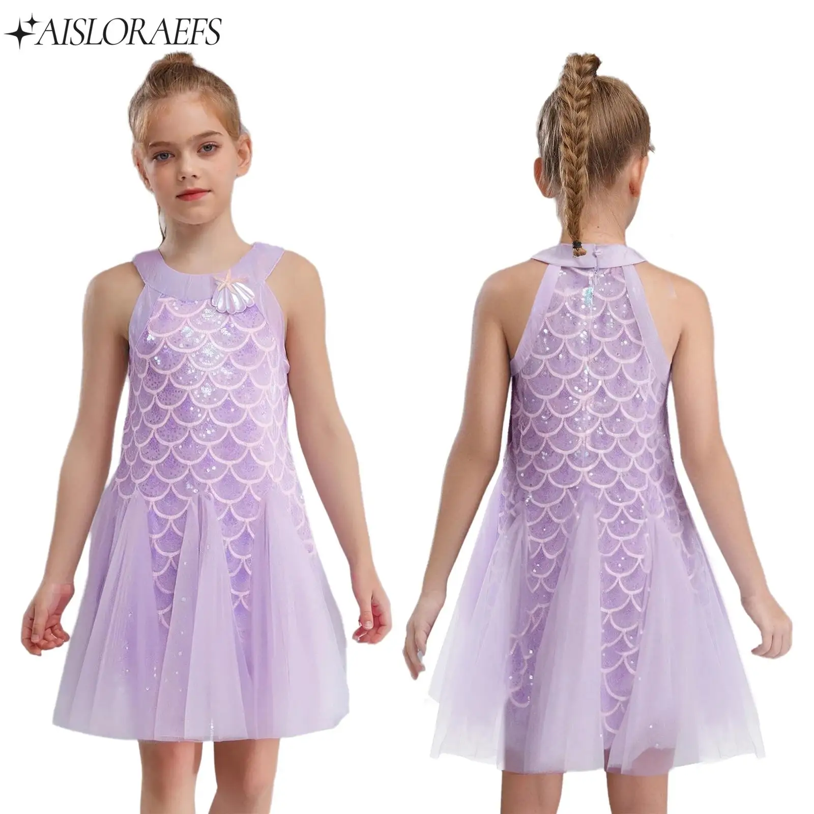 

Girls Party Dress Shiny Sequin Mermaid Fish Scales Dress Halter Fish Scale Printed Dresses for Birthday Party Photo Shoot