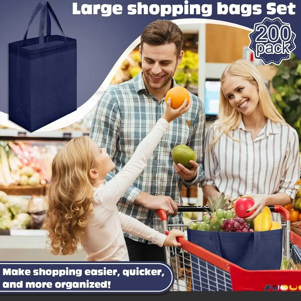 حقائب يد قابلة لإعادة الاستخدام مكونة من 200 قطعة، مقاس 8 × 4 × 10 بوصة، غير منسوجة، بقالة باللون الأزرق الداكن وحقائب هدايا