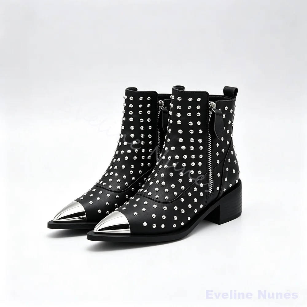 Botines Punk Western con Remaches para Hombre, Punta Puntiaguda de Metal Plateado, Tacón Grueso, Botines Cortos de Cuero Negro para Fiesta, Festival y Uso Urbano
