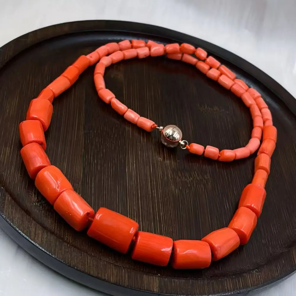 

10-14 мм 6 мм женский мужской барабан натуральный морской бамбук ювелирные изделия оранжевый коралл длинное ожерелье
