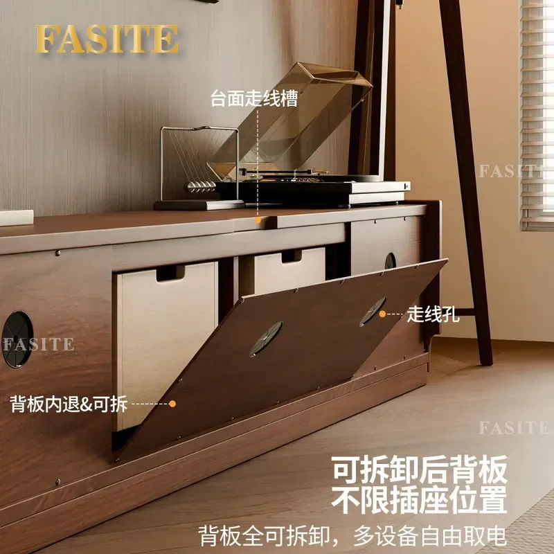 For Living Room Solid Wood TV Cabinet Antique Black Walnut Floor Console with Bone Inlay Detail Vintage Style Storage