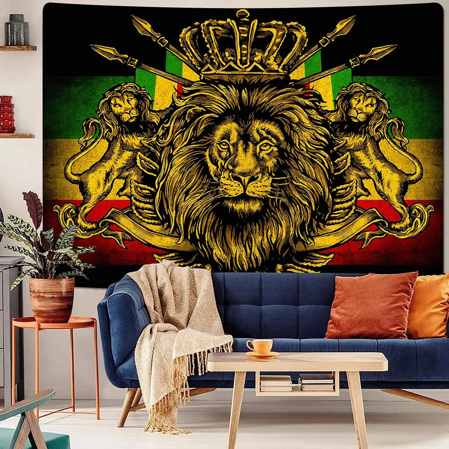 Vintage Royal Lion Crown Tapestry, Rasta Reggae African Flag Print Wall Art for Bedroom Living Room Dorm Apartment Decor - view 6