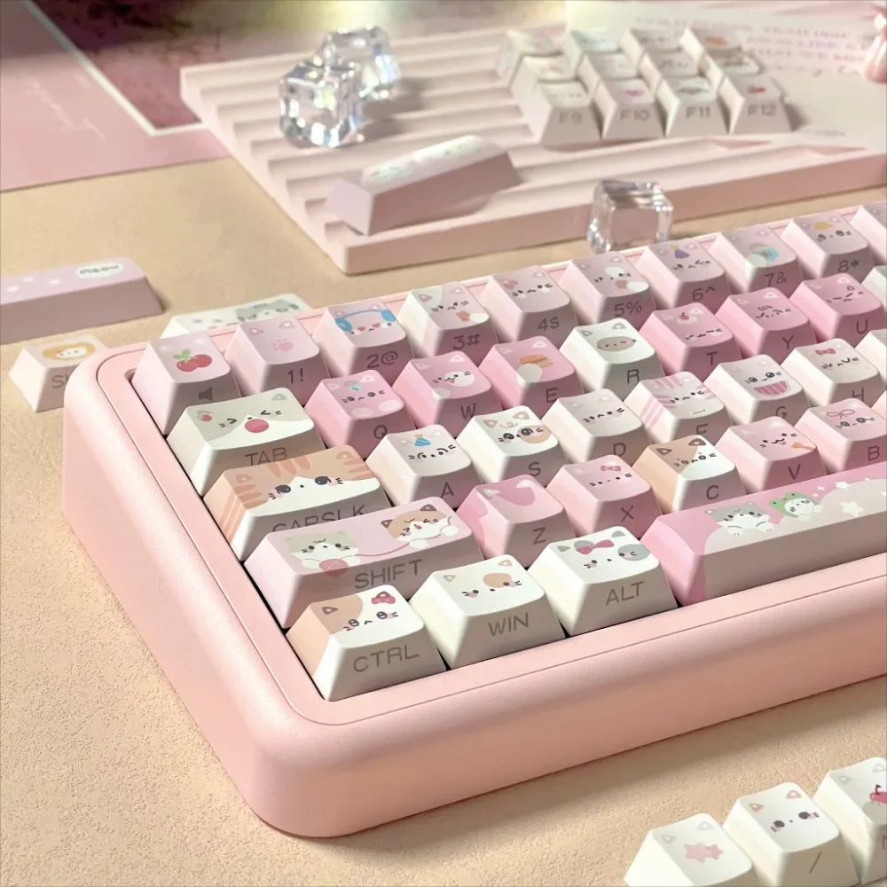 Meow Meow Pink KeycapsOriginal side-engraved translucent keycaps135pcs heat sublimation wooting