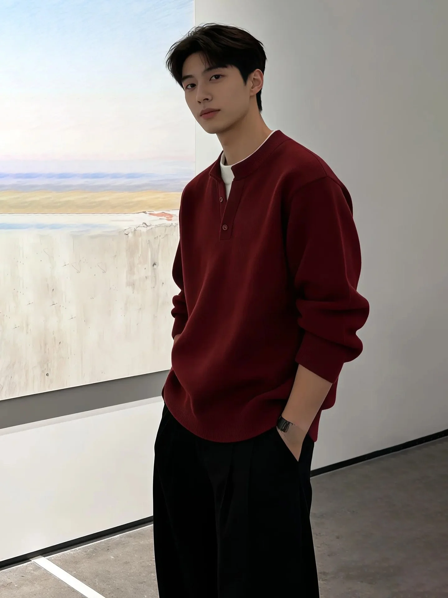 

Красный трикотажный джемпер с V-образным вырезом и флисовой подкладкой, мужская зимняя верхняя одежда, повседневный стиль, из полиэфирного волокна, с длинными рукавами, термотоп