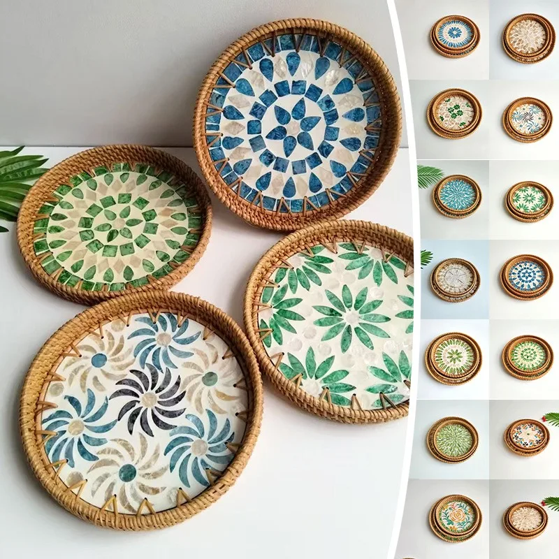 Bohemian Style Handmade Rattan Round Tray Colorful Shell Storage Tray Household Guest Dining Room Tabletop Decoration Home Decor