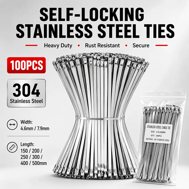 100Pcs 304 Stainless Steel Cable Ties 4.6mm 7.9mm Self Locking Metal Zip Ties Heat Cold Corrosion Resistant for Exhaust Wrap