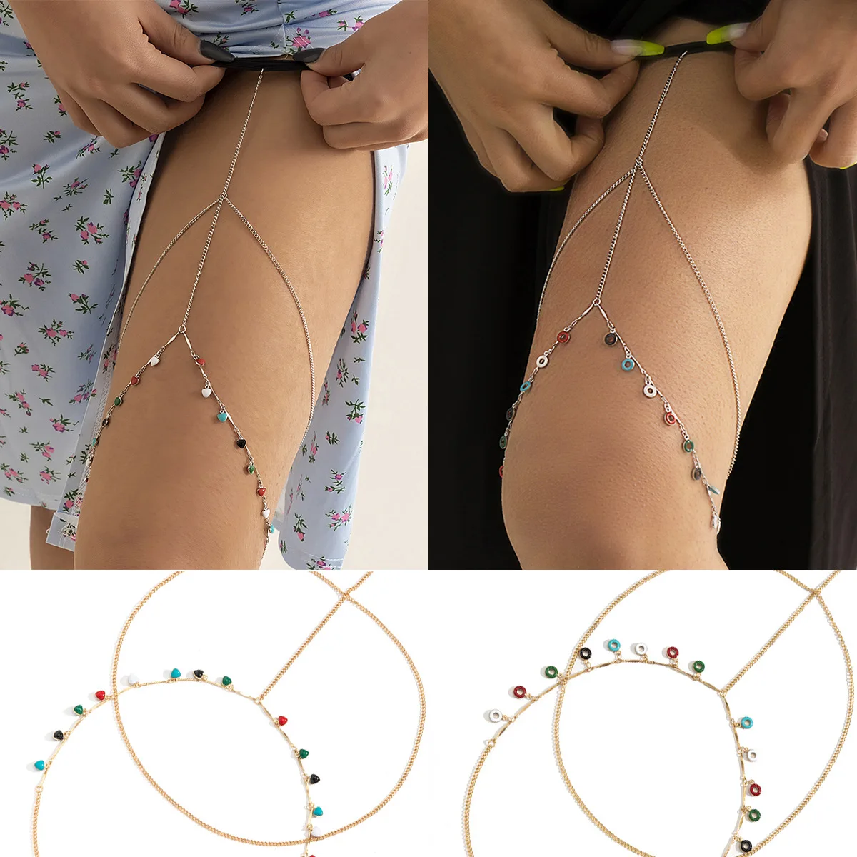 Body Chain Metal Multicolor Double Layer Round Tassel Fringe Adjustable Beach Club Sexy Women with Thigh Chain Premium Sturdy