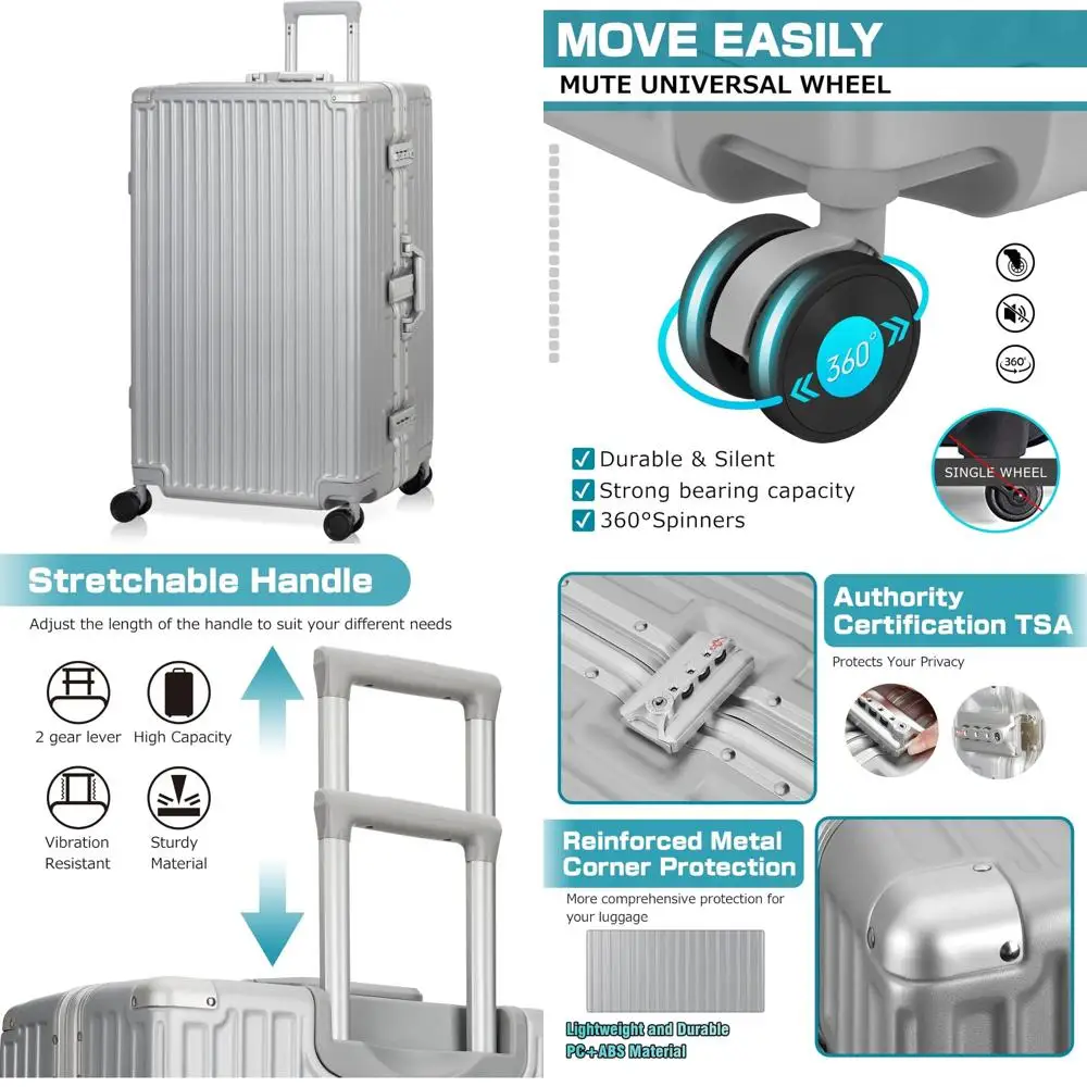 

Алюминиевый каркас с твердым корпусом TSA Lock, чемодан для багажа, 28 дюймов, серебристый, без молнии, для путешествий, незаменимый