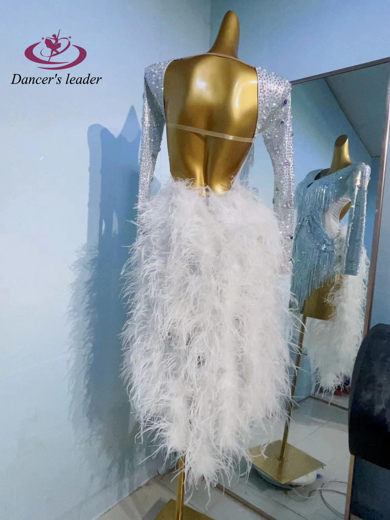 

Женское высококачественное платье для латинских танцев на заказ с жемчугом и блестками, пышным хвостом, самбой и стразами, костюм для выступлений