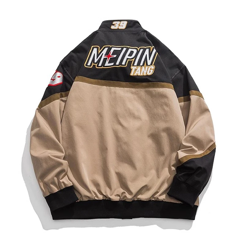 Men's Explosive Street Letter Embroidery Jacket Trendy Stand Collar Couple Motorcycle Suit Patchwork Color Contrast Casual Coat