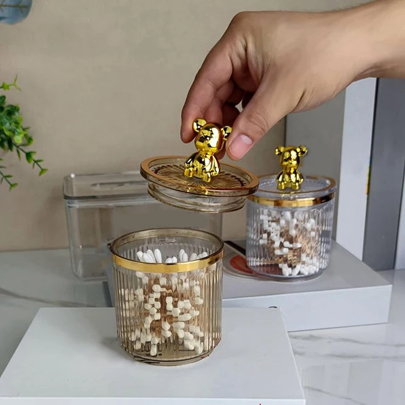 Kotak penyimpan kapas akrilik, penyimpan kapas beruang lucu bantalan katun penata Makeup untuk kotak kapas tahan lama transparan