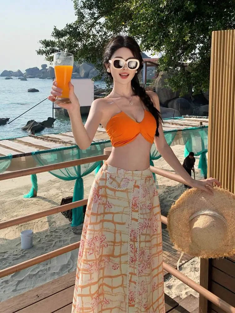 

Summer French Retro Women's Orange Elegant Sleeveless V Neck Short Slip Tops + High Waist Print Pleated Long Skirt Two-piece Set