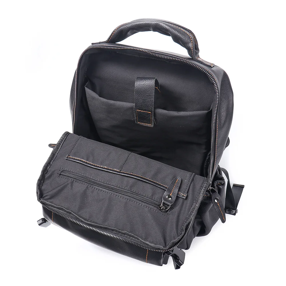 ROOG Fashionable Black Multifunctional Genuine Leather Backpack, Large-Capacity Top-Layer Cowhide Book Bag.