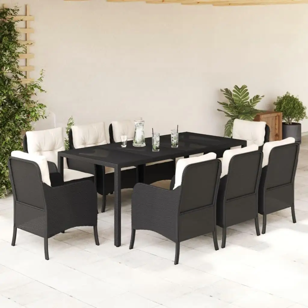 

9-Piece Black Poly Rattan Patio Dining Set with Cushions - Stylish Outdoor Furniture