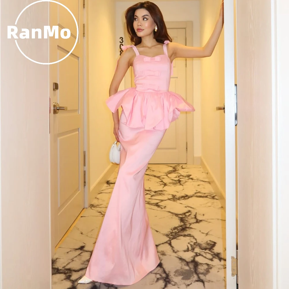 

Индивидуальный пошив: высококачественный розовый атлас Ranmo для вечерних платьев без рукавов с бантом, А-силуэт, длина в пол, для особых случаев и вечеринок