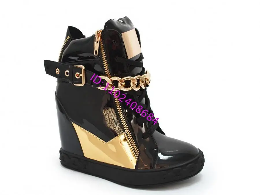 Designer Women Gold Chain High Wedge Ankle Buckle Boots Cool Lady Inner Wedge Heel Lace Up High Top Chain Belt Buckle Sneakers