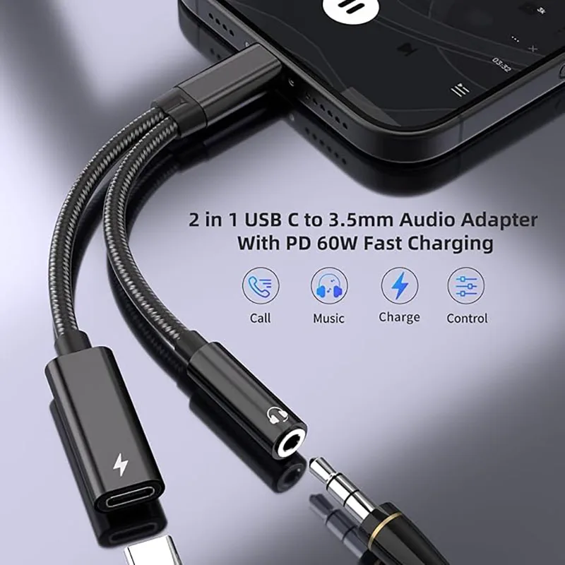 2in1 USB C To 3.5mm Headphone Jack Adapter Type C Charge Audio Aux Adaptor for Ipad Pro Samsung S20 Ultra Xiaomi Huawei