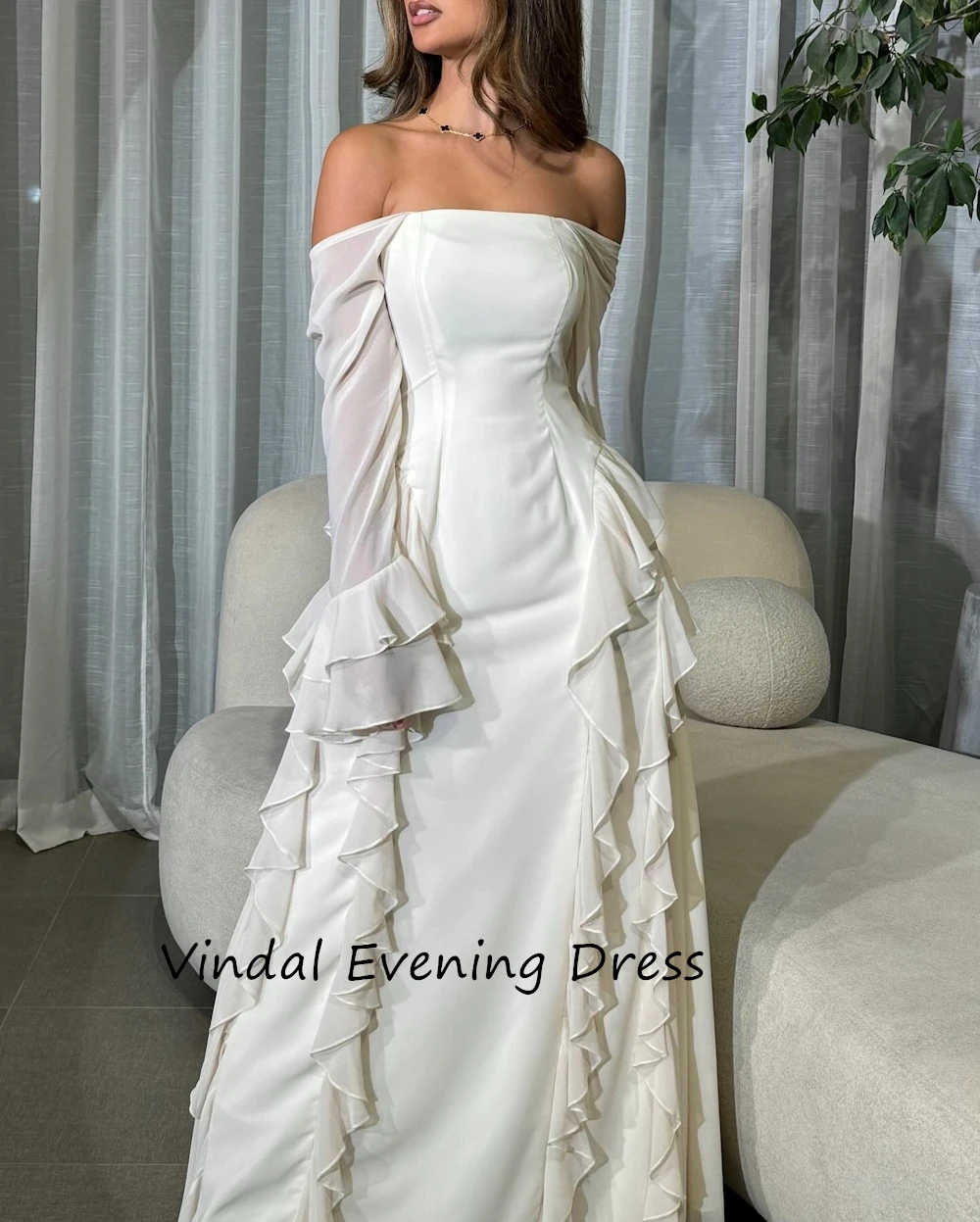 Vindal Chiffon Floor length Off-the-shoulder luxurious Ruffle A-Line Breast Padding Elegant Long Sleeves السعود For Woman 2024