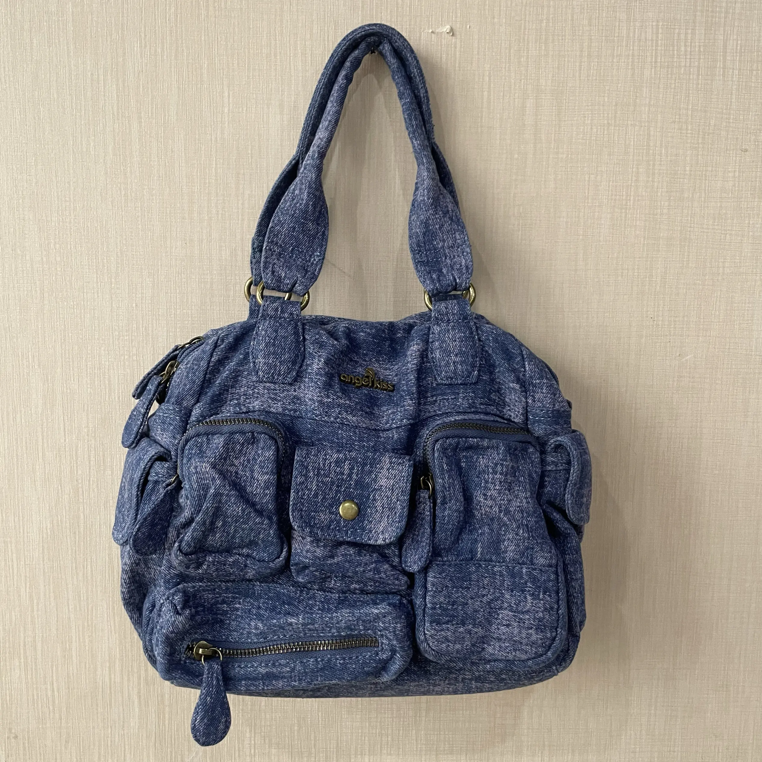 Vintage Denim Crossbody Shoulder Bag, Y2K Washed Casual Multi-Pocket Zipper Biker Bag for Women, Angel's Kiss Style