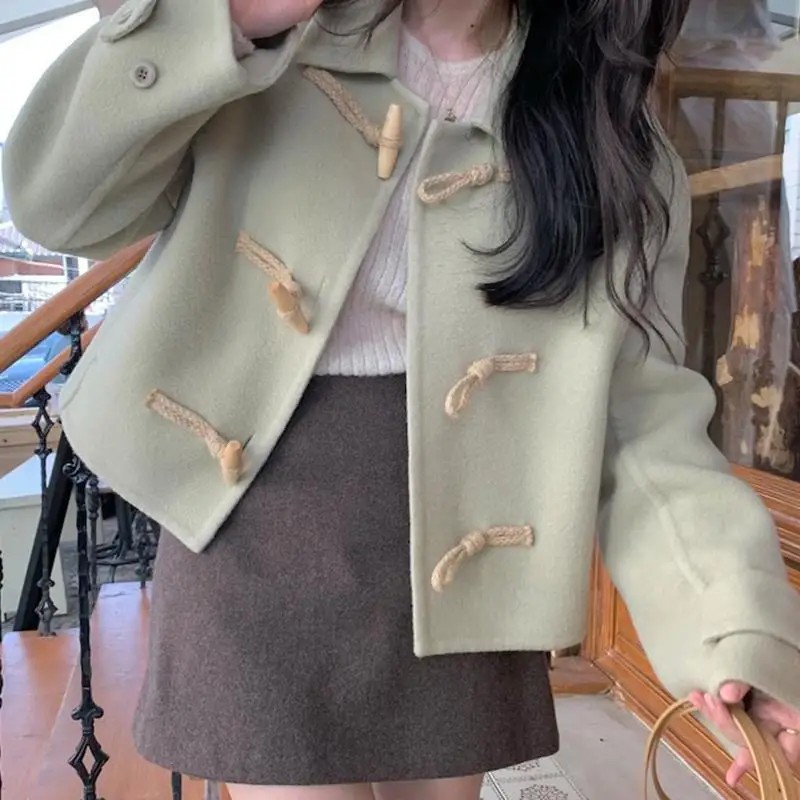 Retro temperament lapel horn buckle woolen coat loose short double-sided woolen coat women