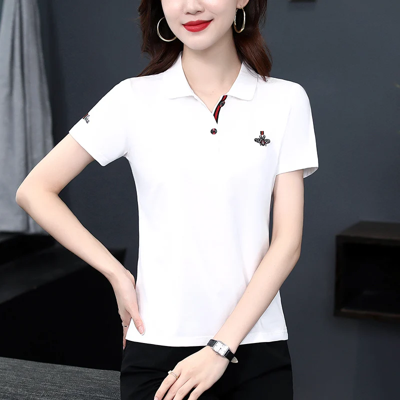 Letnia bawełniana koszulka damska w dużym rozmiarze, sportowa, z kołnierzykiem, luźny krój, oddychająca, odprowadzająca pot...