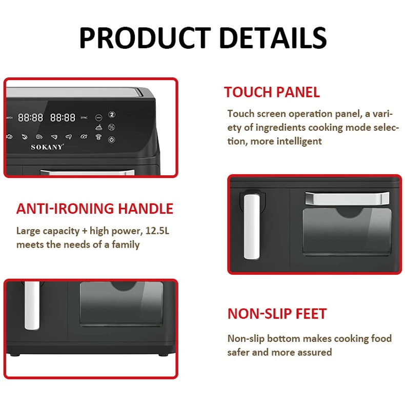 مقلاة هوائية جديدة ذات منطقة مزدوجة سلة مزدوجة سعة 12.5 لتر أجهزة تحكم رقمية 2400 وات فرن حراري نوافذ مرئية مع 10 إعداد مسبق للطهي