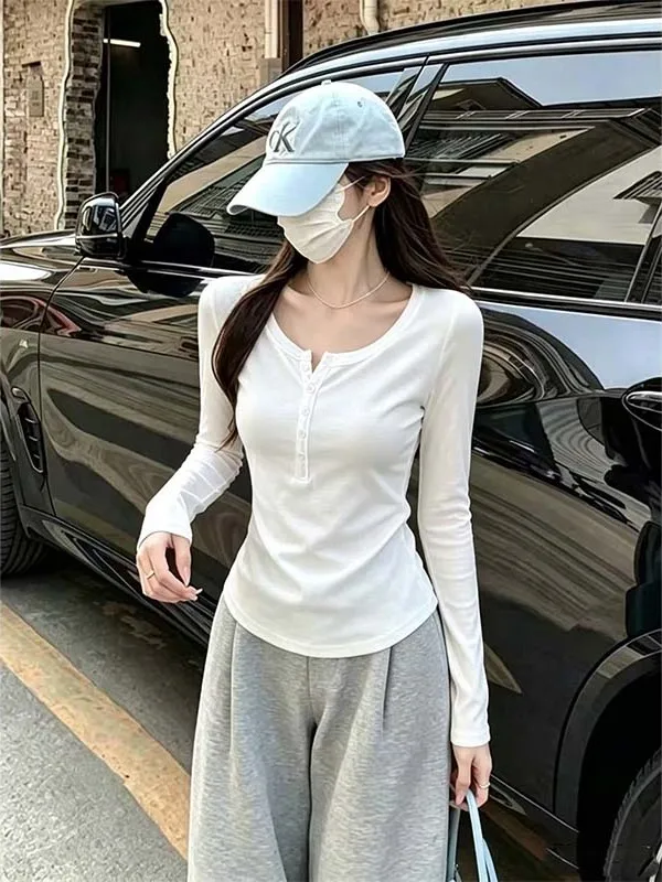 Deep Grey V-Neck Button Long Sleeve T-Shirt Women's Slim Fit Versatile Base Layer Shirt High Waist Polyester Fiber Summer Spring