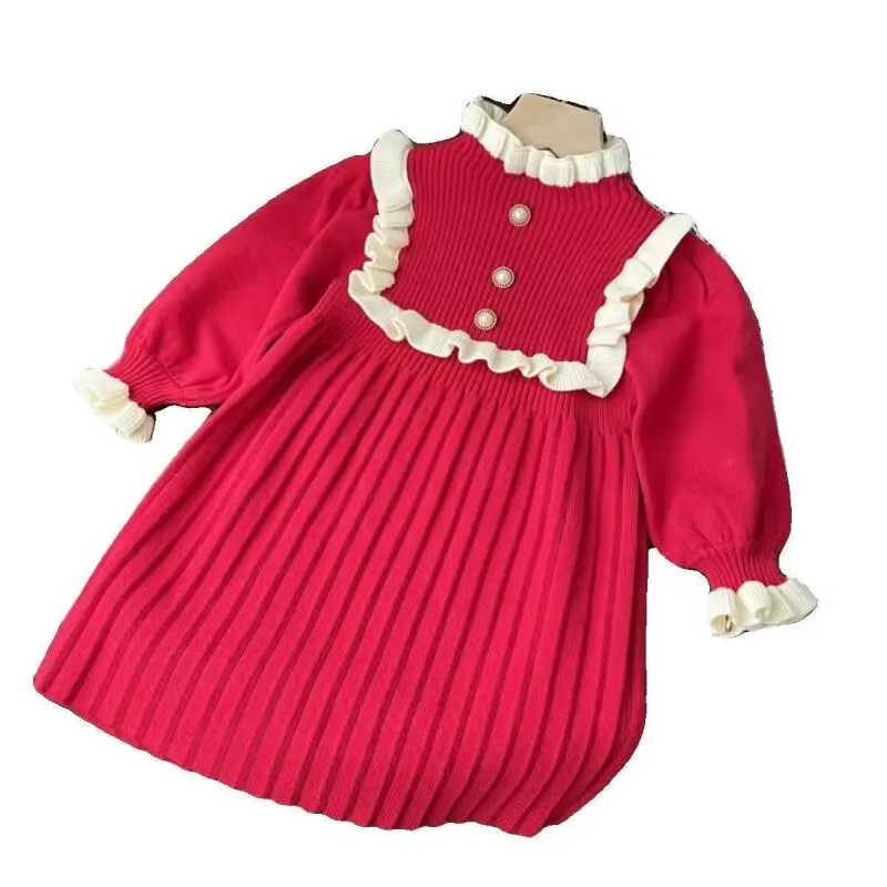 New Year Red Girl Knitting Wool Long Sleeve Princess Dress Autumn Winter New Warm Sweater Dress Kid Christmas Casual Clothes