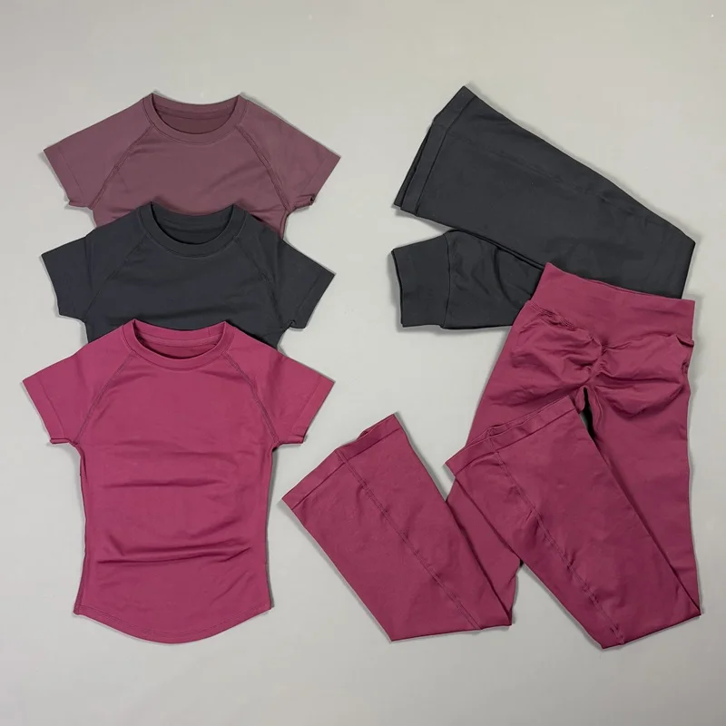 2 Pcs Gym Workout Outfit Women Short Sleeve Compression Top Butt Lifting Seamless Flared Leg Pants Pilates Training Running Sets
