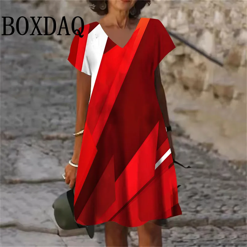 Casual Simple Geometric Pattern Women'S Dress Summer V-Neck Short Sleeve Loose Retro 3D Print Clothing Fashion Plus Size Dresses