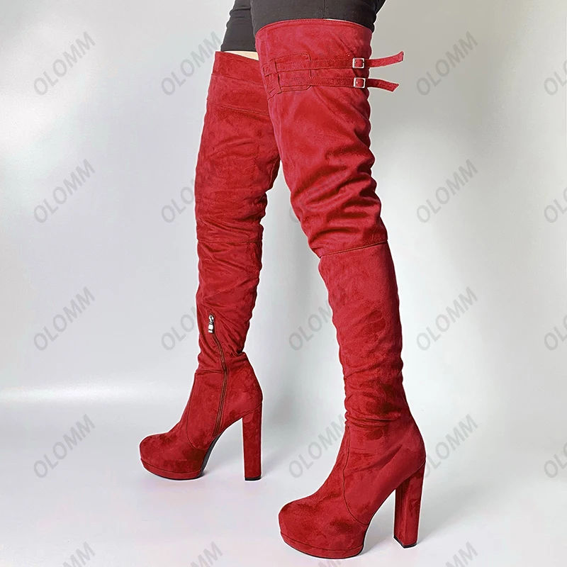 

Olomm Women Platform Winter Crotch Boots Suede Buckle Strap Chunky Heels Round Toe Pretty Red Fuchsia Party Shoes US Size 5-20